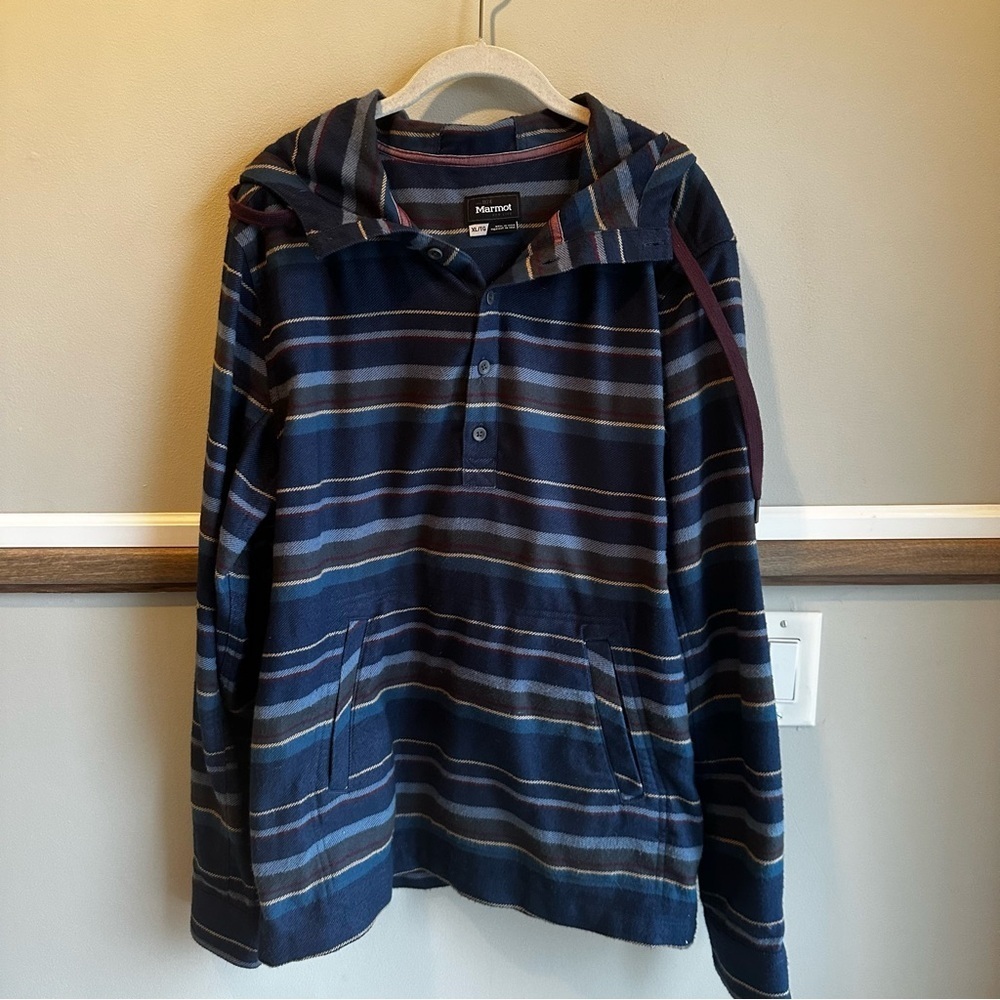 Marmot Flannel Hoodie Blue Striped Kangaroo Pocket​​​